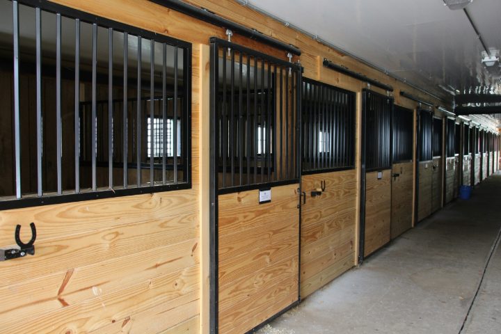 A stable aisle with box doors of wood and bars, a name card on every door
