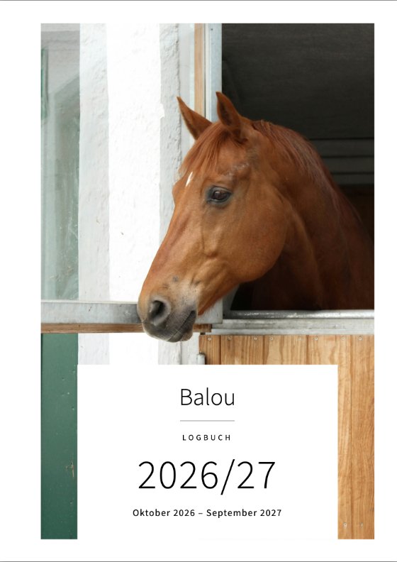 Umschlag: das Foto eines Fuchses, der aus dem Boxenfenster schaut, darauf ein weisses Feld mit «Balou», «Logbuch», «2026/27»