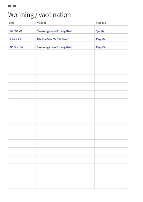 The ‘Worming / vaccination’ table with three entries: date, product, next due