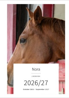 Cover with a photo of a chestnut at a red box door: Nora, Logbook 2026/27